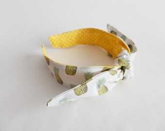 Pineapple headband, cream cotton pineapple fabric, pineapple gift, gifts for her, gifts for mum, detachable bow