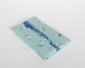 Tissue holder, boat fabric, turquoise blue cotton boat design, cotton case