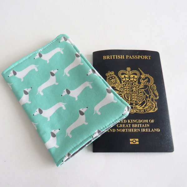 Sausage dog passport cover, turquoise blue cotton dachshund fabric, sausage dog lover gift, dog lover gift, dachshunds, travel accessory