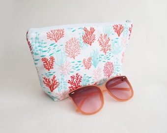 Coral cosmetic bag, white cotton coral print makeup bag, zipper pouch, seaside print, ocean lover, gifts for her, gift for women, coral gift