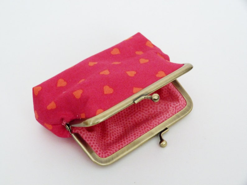 Love hearts coin purse, pink and orange cotton heart print purse, cotton pouch, makeup pouch, gifts for her, valentine gift, gifts for wife image 3