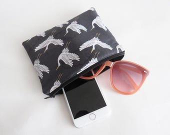 Monedero con cigüeña, monedero con cremallera, estampado de cigüeña japonesa, gris y blanco, regalos para ella, regalo japonés, ideas de regalos