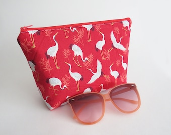 Japanese stork cosmetic bag, red cotton stork fabric, gifts for her, makeup bag, clutch bag, cotton pouch, gadget pouch, gifts for women