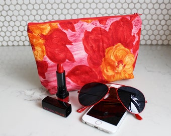 Floral cosmetic bag, red and orange cotton painterly floral print, cotton toilet bag, travel bag, gift for her, gadget pouch, vintage floral