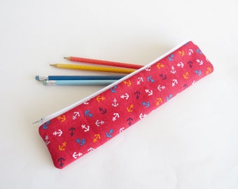 Anchor straw pouch, red cotton anchor fabric, gifts for sailors, sailing, sailor gift, cotton zipper pouch, pencil case, nautical print