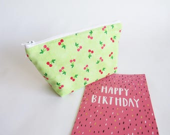 Cherry Pouch: Green Cotton Fabric, Gadget Case