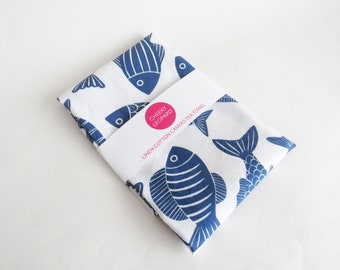 Blue Fish Print Tea Towel: Linen Cotton Canvas Kitchen Cloth