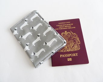 Sausage dog passport cover, grey and white cotton sausage dog print, cotton case, travel gift, travel item, dog lover gift, white dogs
