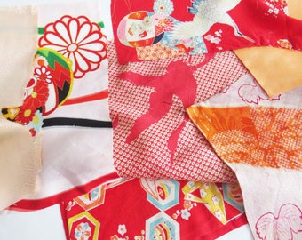 Kimono fabric scraps, vintage Japanese kimono fabrics, orange and red fabric swatches, sewing project, crafting fabric, Japanese fabric