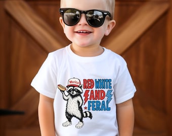 Red White and Feral Kids Tee, Funny Raccoon Shirt for Kids,Patriotic Raccoon Toddler Youth Tee, Feral But Free,Funny 4th of July Kids Shirt