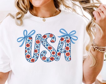 Coquette USA Shirt, 4th of July Shirt Women, USA Flag Shirts, Floral Patriotic Shirt, Red White Blue, Girly 4th of July Shirt,Flower USA Tee
