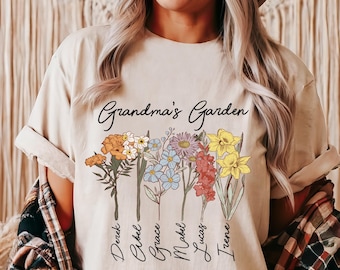 Grandma's Garden Shirt, Custom Grandkids Names Tee, Nana's Flowers Garden Shirt, Custom Flower Shirt, Birth Month Flower Shirt, Grandma Gift