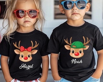 Custom Reindeer Toddler T-shirt, Custom Reindeer Christmas With Kid Names Shirt, Toddler Boy Girl Christmas Tees