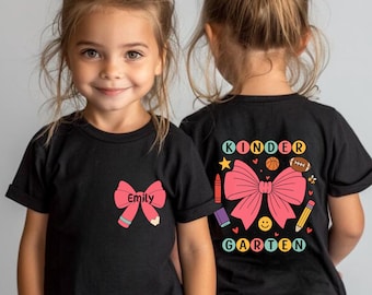 Custom Coquette Kindergarten Shirt, First Day Of School Tee,Back To School Kids Shirt,Toddler School Tee,Preschool Girl Tee,Custom Kids Name