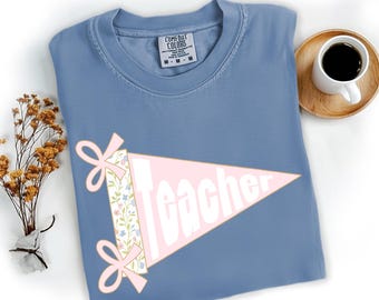 Comfort Color Pink Floral Pennant Back to School Shirt, Teacher Shirt, Custom Pennants Teacher Grade Shirt, School Spirit Teacher Tee