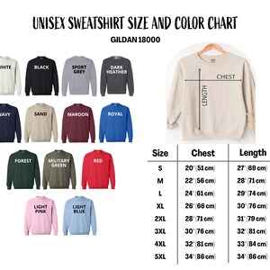 May include: A unisex sweatshirt size and colour chart. The chart displays various sweatshirt colours, including white, black, and navy. It also shows chest and length measurements for sizes S through 5XL, with chest measurements ranging from 51 cm to 86 cm.