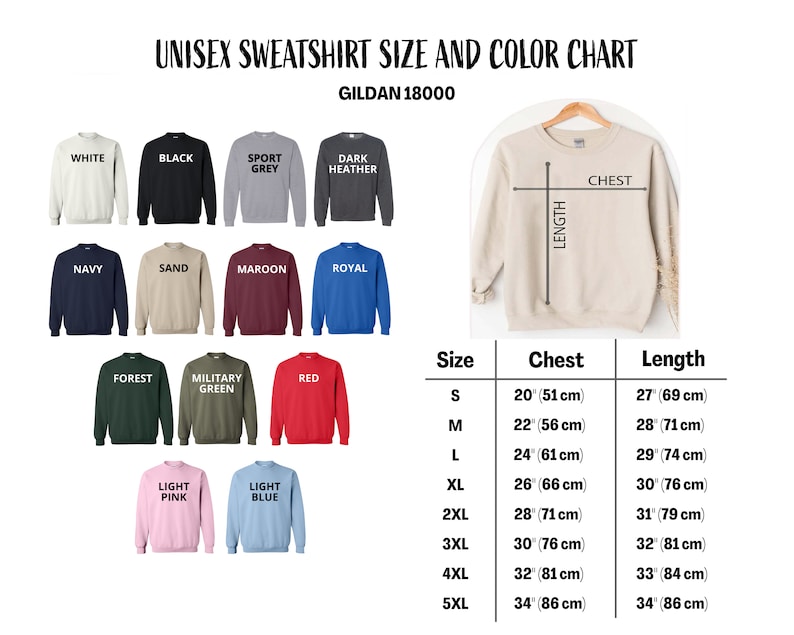 May include: A unisex sweatshirt size and colour chart. The chart displays various sweatshirt colours, including white, black, and navy. It also shows chest and length measurements for sizes S through 5XL, with chest measurements ranging from 51 cm to 86 cm.