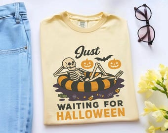Comfort Color Just Waiting for Halloween Shirt, Summerween Shirt,Summer Skeleton Shirt,Spooky Summer Tee,Beach Vibes Tee,Halloween Beach Tee