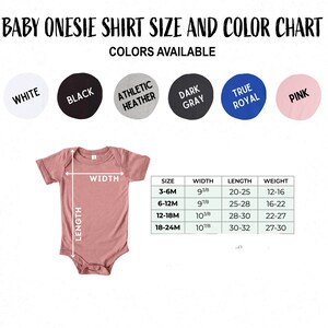 May include: Size chart for baby onesies in various colors, including white, black, athletic heather, dark gray, true royal, and pink. The chart shows the width, length, and weight of onesies in sizes 3-6M, 6-12M, 12-18M, and 18-24M.