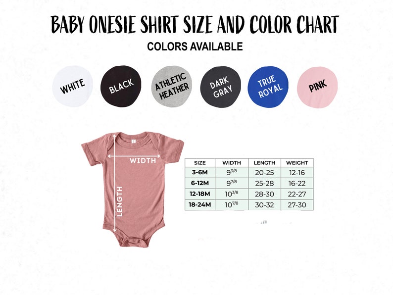 May include: Size chart for baby onesies in various colors, including white, black, athletic heather, dark gray, true royal, and pink. The chart shows the width, length, and weight of onesies in sizes 3-6M, 6-12M, 12-18M, and 18-24M.