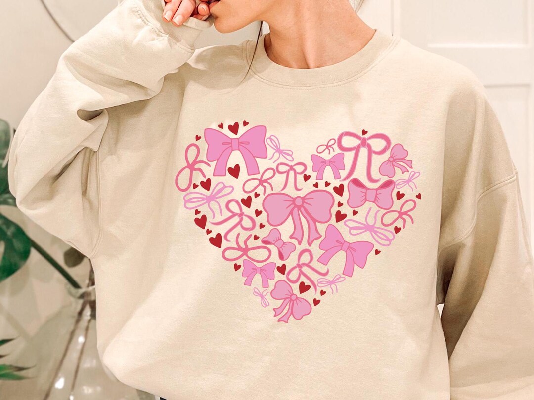 Valentine’s Day Sequin Bow Heart Round Neck Sweatshirt
