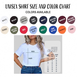 May include: A white t-shirt with a size chart and color options. The chart shows bust and length measurements in inches. Available colors include white, black, and various shades of gray, blue, green, red, orange, and pink.