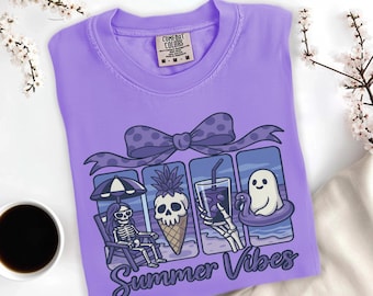 Comfort Color Summer Vibes T-shirt, Halloween Summer Shirt, Summerween Ghost Shirt, Hot Ghoul Summer Shirt, Skeleton Beach Vibes Shirt