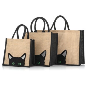 Jute Hessian Burlap Peekaboo Cat Black Trim Tote Lunch / Shopping Bag - 3 Sizes