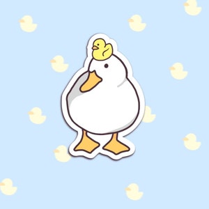 Cute Duck with Rubber Duck Sticker ~ Cool Rubber Duckie on Goose Funny Glossy Waterproof Meme Sticker For Laptops Water Bottles Gifts etc.