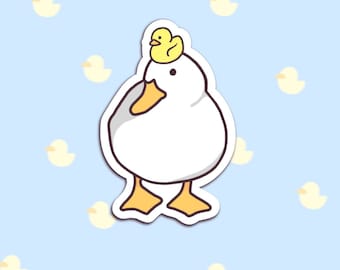 Cute Duck with Rubber Duck Sticker ~ Cool Rubber Duckie on Goose Funny Glossy Waterproof Meme Sticker For Laptops Water Bottles Gifts etc.