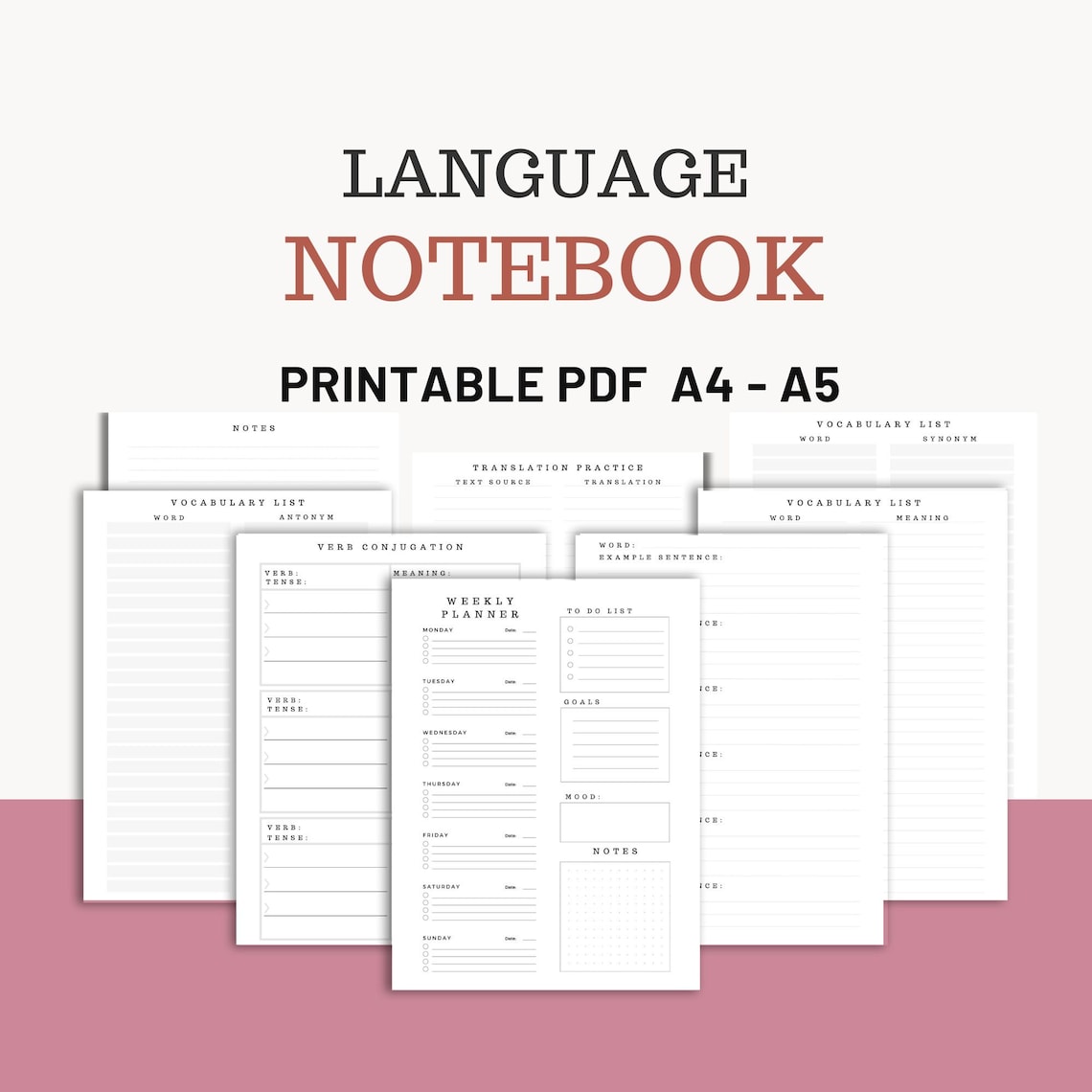Language Learning Notebook | Printable PDF Worksheet | A4 - A5 ...