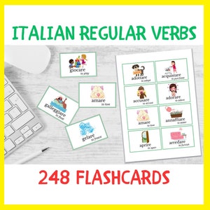 248 枚のフラッシュカード イタリア語の規則動詞 | 英語 - イタリア語のバイリンガル フラッシュカード | イタリア語の文法を学ぶ | 印刷可能な PDF