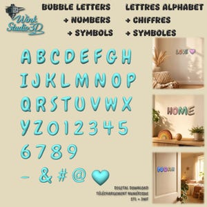 Könnte beinhalten: Ein digitaler Download-Satz von 3D-Bubble-Buchstaben, Zahlen und Symbolen in Hellblau. Das Bild zeigt das vollständige Alphabet von A bis Z, die Ziffern 0 bis 9 sowie Symbole wie ein Herz, ein Et-Zeichen, ein Rautezeichen und ein At-Zeichen.