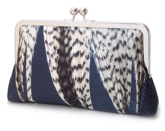 Feather stripe clutch bag, navy printed silk purse with chain handle