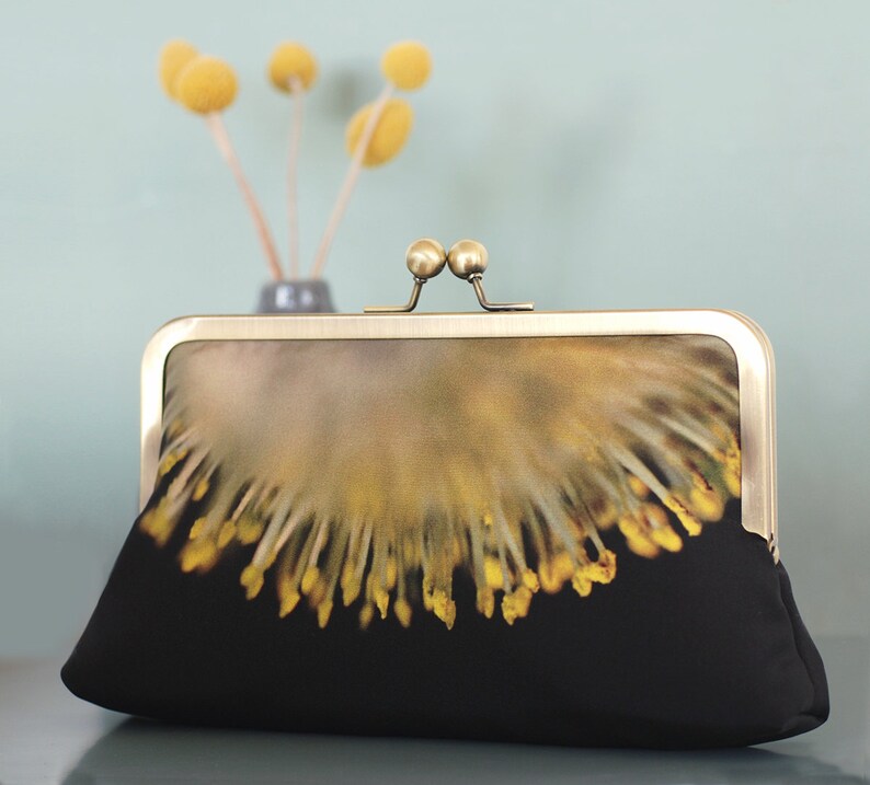 Yellow catkins clutch bag, sunburst blossom flower purse with chain handle image 2