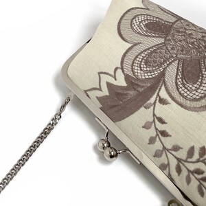 Flower belle, embroidered linen clutch bag with chain handle image 4