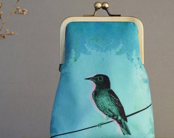 Blauwe vogel, fluwelen kisslock schoudertas met crossbody band