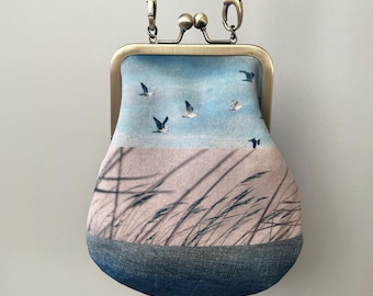 Birds and reeds velvet shoulder bag, fits phone