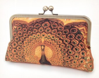 Peacock palace clutch bag, orange gold silk purse with chain handle