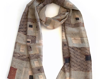 Silk scarf, croft house, chiffon wrap, taupe grey corrugated tile stripe pattern