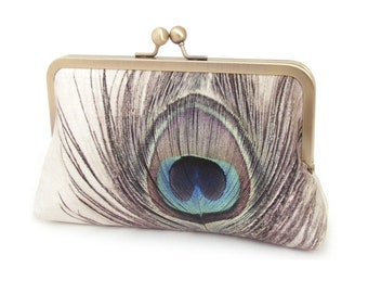 Peacock feather, silk clutch purse with optional chain handle