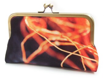 Orange twine clutch bag, silk purse with chain handle