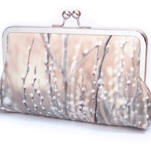 Willow blossom printed silk clutch bag, purse with chain handle image 1