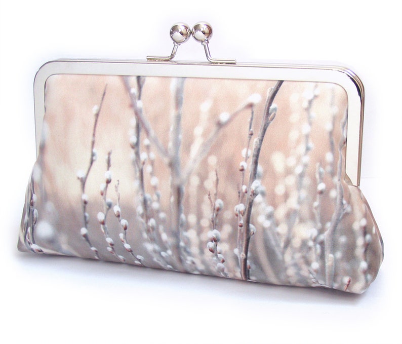 Willow blossom printed silk clutch bag, purse with chain handle image 1