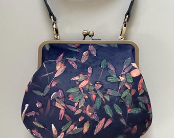 Lochan leaf, large velvet kisslock bag with long or short strap