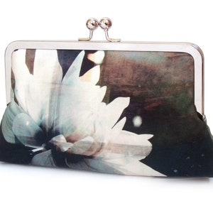 Black and white flower clutch bag, silk purse with chain handle