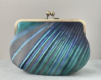 Starling feather, velvet clutch bag with optional strap