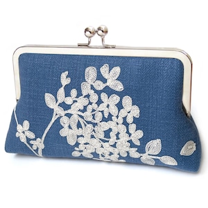 Blue flowers, embroidered linen clutch bag with chain handle