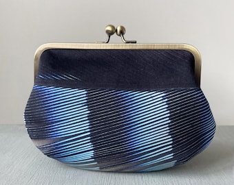 Jay feather, velvet clutch bag with optional strap