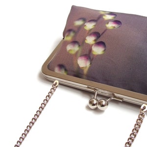 Lilac buds clutch bag, pink silk purse with silver chain handle image 6